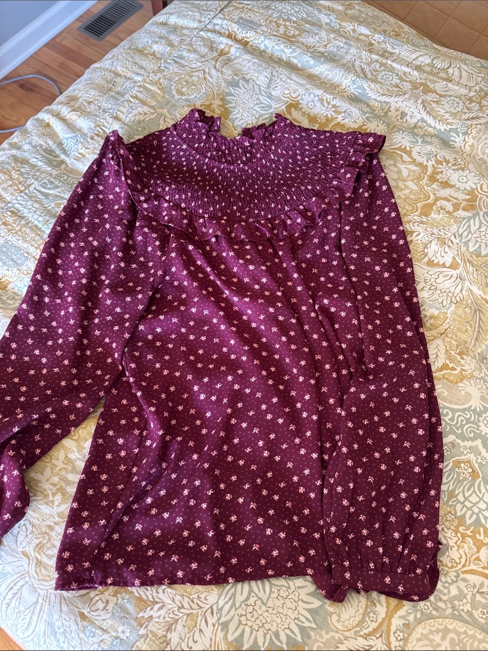 LOFT Burgundy Floral Smocked Ruffle Neck Blouse